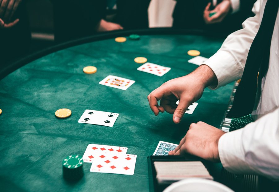 Blackjack table with cards and dealing shoe