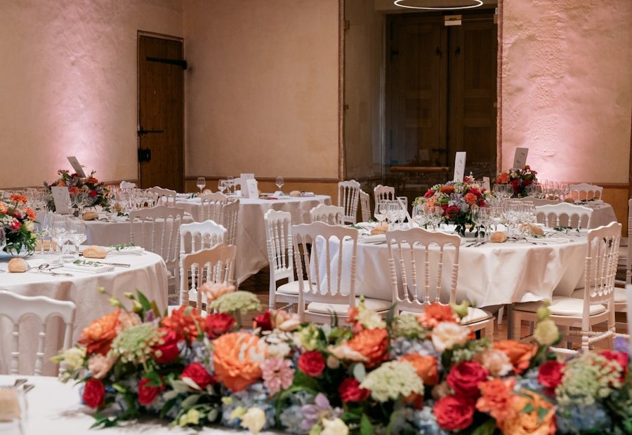 Banquet hall set with round tables