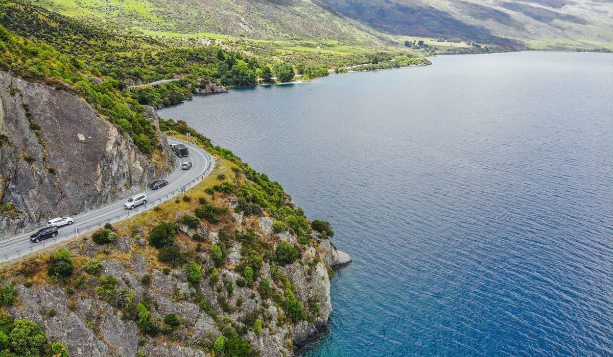 Aerial view of the lakeside town and surrounding roads